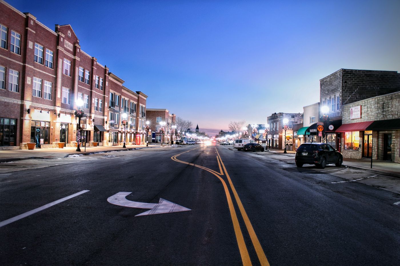 Historic main street in Downtown Roseville, CA at dusk