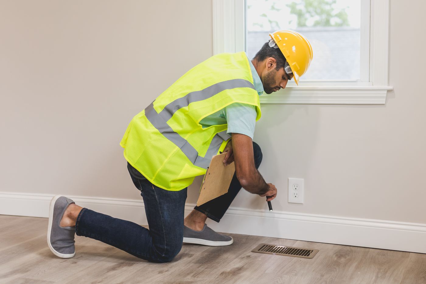 Pest inspector with a flashlight checking a baseboard and floor vent inside a home