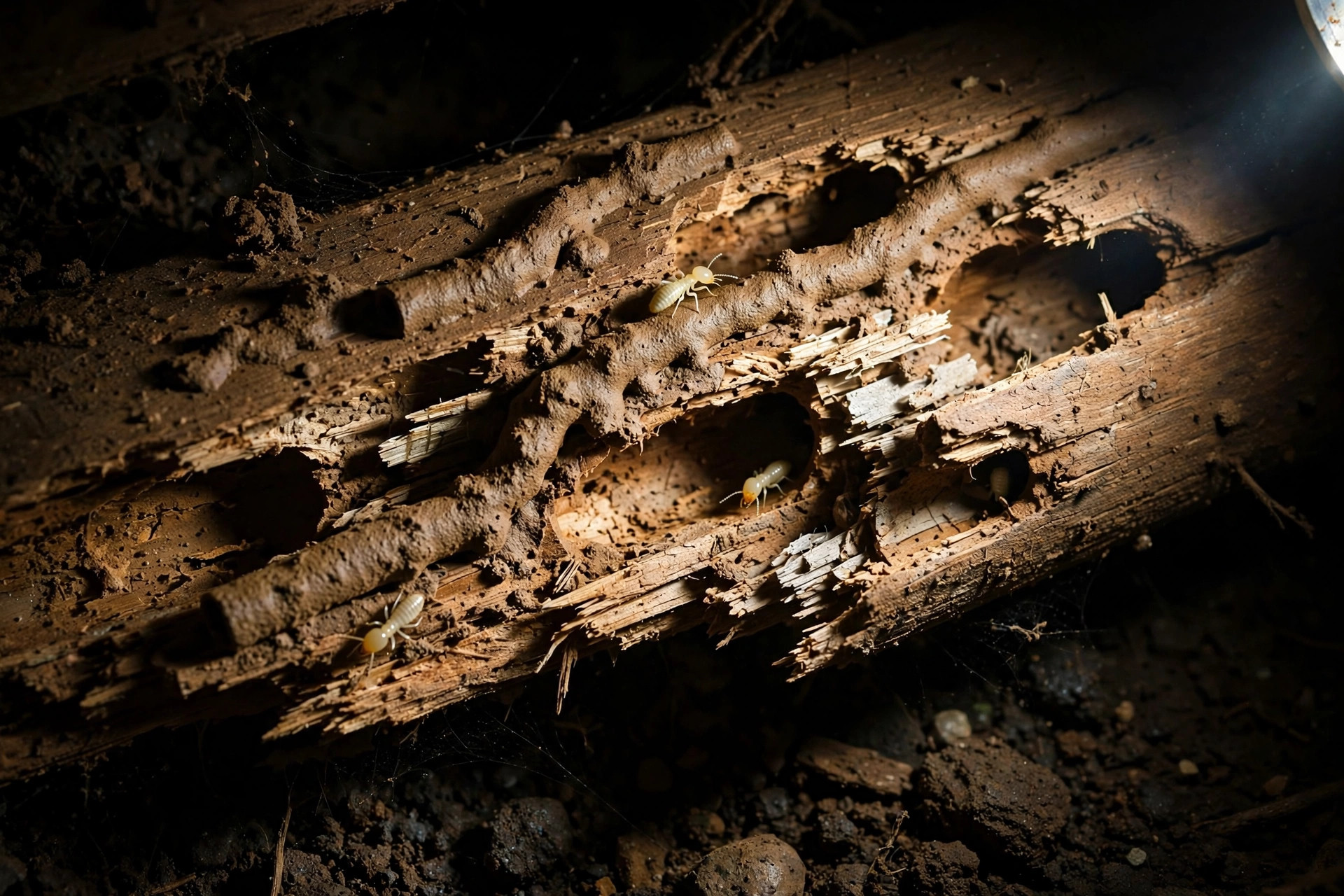 Termite-damaged wooden beam with mud tubes and live termites in a crawl space